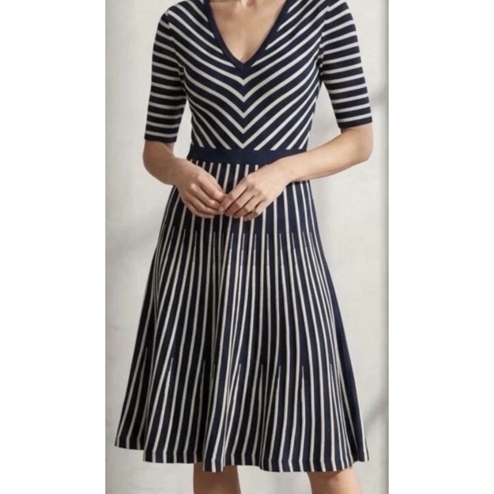 Boden Amelia Dress Navy Beige Striped Fit & Flare Midi Merino Wool/Cotton Sz 14